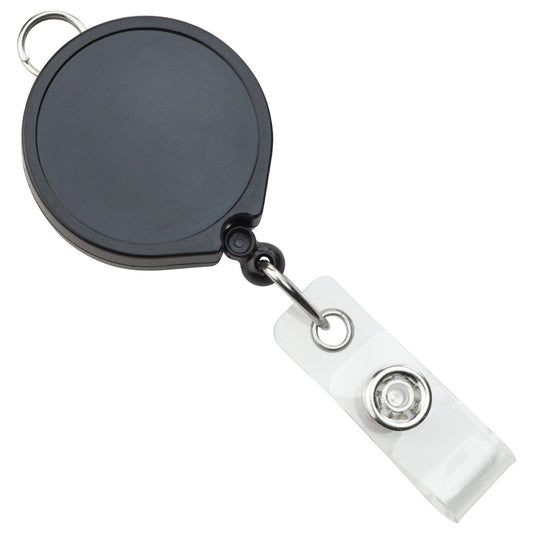 A sleek black Badge Reel with Lanyard Attachment and Belt Clip (P/N 2124-302X) with a durable metal clip and a clear plastic strap attachment, offering both versatility and convenience. Perfect for secure, easy access with an optional lanyard attachment.