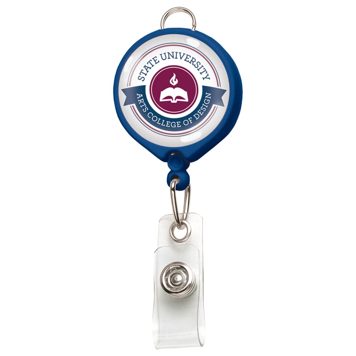 Custom Badge Reel with Belt Clip and Lanyard Attachment - Add Your Logo in blue, featuring the "State University Arts College of Design" logo at the center. Perfect for brand awareness and adding a personalized graphic to your everyday carry.