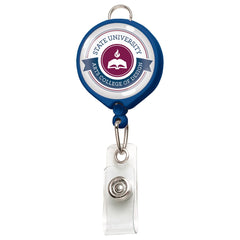Custom Badge Reel with Belt Clip and Lanyard Attachment - Add Your Logo in blue, featuring the "State University Arts College of Design" logo at the center. Perfect for brand awareness and adding a personalized graphic to your everyday carry.