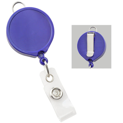 A Badge Reel with Lanyard Attachment and Belt Clip (P/N 2124-302X) with a metal clip and a clear plastic strap. The reverse side includes a belt clip for secure fastening. Sold by Specialist ID.