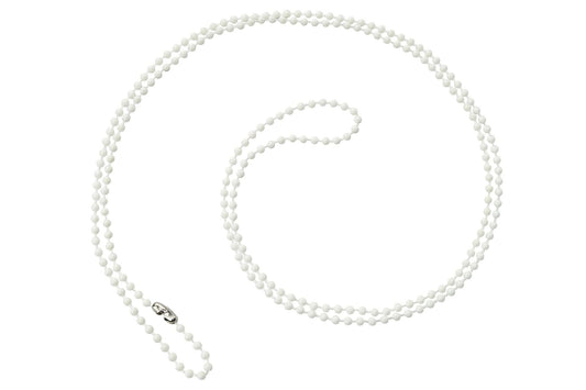A lightweight White Plastic Beaded Neck Chain, Length 36" (914mm), Bead Size 2.5mm (P/N 2130-1508), this long single-strand necklace features small white beads and a silver clasp, perfect for DIY craft ideas.