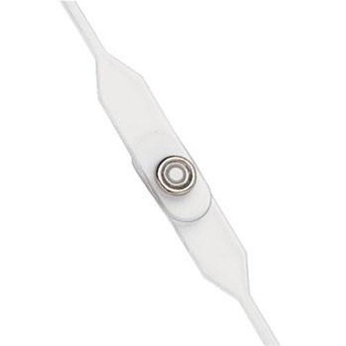 Close-up of a white cable with an inline button switch, perfect for use with our Frosted Vinyl Break-Away Neck Strap, Length 27" (686Mm) (P/N 2135-0050).