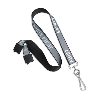 A black and gray Reflective "Safety First" Printed ID Neck Lanyard With Metal Swivel Hook 2135-25XX with a safety breakaway clasp is perfect for keeping your essentials secure. Sold by Specialist ID.