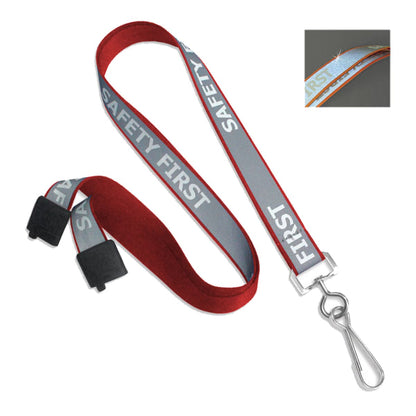 Red and gray Reflective "Safety First" Printed ID Neck Lanyard With Metal Swivel Hook 2135-25XX, featuring a metal hook and black plastic buckle. Inset shows a close-up view of the text.