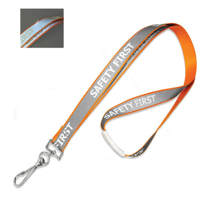 An orange and silver Reflective "Safety First" Printed ID Neck Lanyard With Metal Swivel Hook 2135-25XX, featuring a metal clasp and reflective strip for visibility. Insert shows close-up of the reflective lanyard strip in low light, ensuring optimum visibility for your ID neck lanyard.