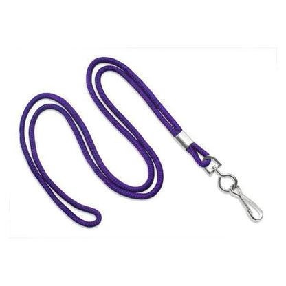 A coiled purple Standard Non-Breakaway Round Lanyard with a Metal Swivel Hook (2135-300X) and a sturdy clasp.