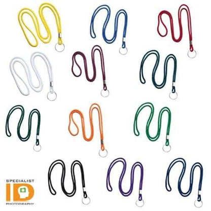 A collection of Thin Round Lanyard with Keychain Split Ring (2135-310X), each featuring a nickel-plated steel split ring attachment, displayed against a white background. Specialist ID logo is visible in the bottom left corner.