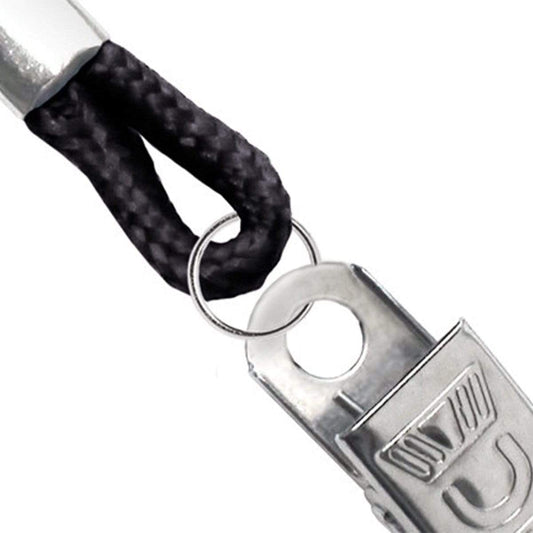 Close-up of a metal bulldog clip attached to a black braided loop and connected by a small ring, showcasing the Round Non Breakaway Lanyard With Bulldog Clip (P/N 2135-325X) as one of the most economical choices.