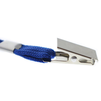 Close-up of a Flat Braid Woven Non-Breakaway Lanyard With a Steel Bulldog Clip (P/N 2135-355X) with a steel bulldog clip attached at the end. Sold by Specialist ID.