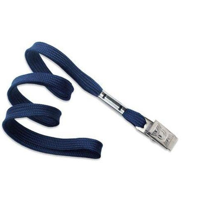 A blue adjustable luggage strap with a silver metal buckle, featuring a Flat Braid Woven Non-Breakaway Lanyard With a Steel Bulldog Clip (P/N 2135-355X) design for added durability.