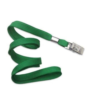 A green Flat Braid Woven Non-Breakaway Lanyard With a Steel Bulldog Clip (P/N 2135-355X) attachment, laid out in a spiral pattern against a white background. Sold by Specialist ID.