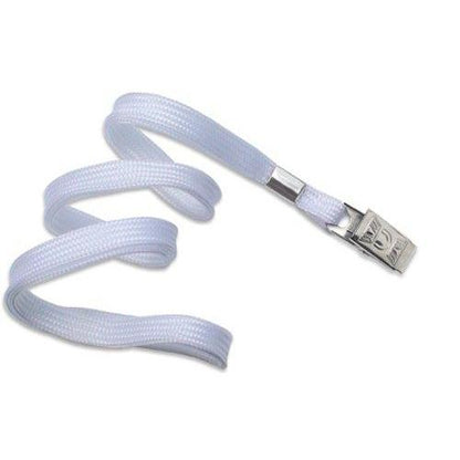 A white Flat Braid Woven Non-Breakaway Lanyard With a Steel Bulldog Clip (P/N 2135-355X) at one end, coiled in a spiral shape. Sold by Specialist ID.