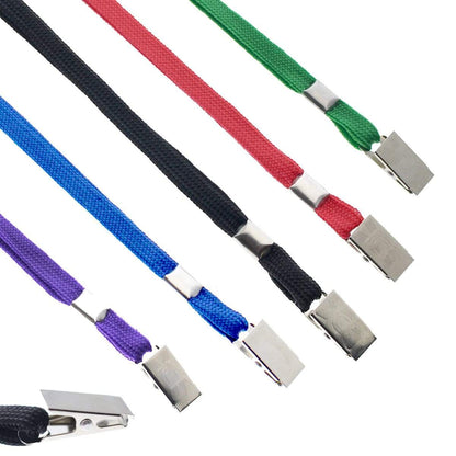 Flat Braid Woven Non-Breakaway Lanyard With a Steel Bulldog Clip (P/N 2135-355X) in purple, blue, black, red, and green with Steel Bulldog Clips on one end, arranged in a row on a white background.