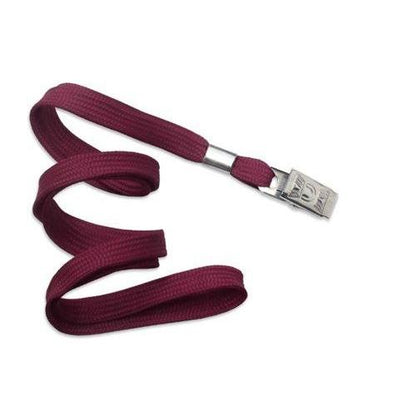A maroon yoga strap with a metal D-ring buckle, coiled loosely on a white background, much like a Flat Braid Woven Non-Breakaway Lanyard With a Steel Bulldog Clip (P/N 2135-355X) in its tidy elegance.