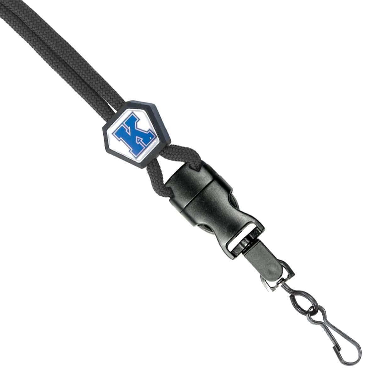 Close-up of a black Breakaway Lanyard With Custom Slider and Detachable Swivel Hook featuring a plastic clip and a hook at the end. The lanyard has a hexagonal-shaped decoration with a blue and white "K" logo.