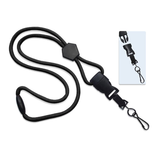 Black Heavy Duty Breakaway Lanyard With Detachable Swivel Hook (P/N 2135-450X) with a hexagonal adjustment piece, a plastic clip, and a detachable swivel hook. An inset image displays the clip mechanism in detail.