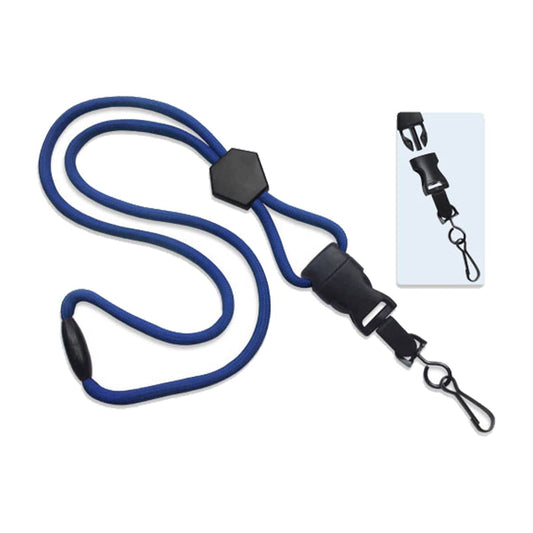 Blue Heavy Duty Breakaway Lanyard With Detachable Swivel Hook (P/N 2135-450X) featuring an adjustable strap, a plastic buckle, and a detachable swivel hook for attaching items. An inset image shows a close-up of the lanyard's clasp mechanism.
