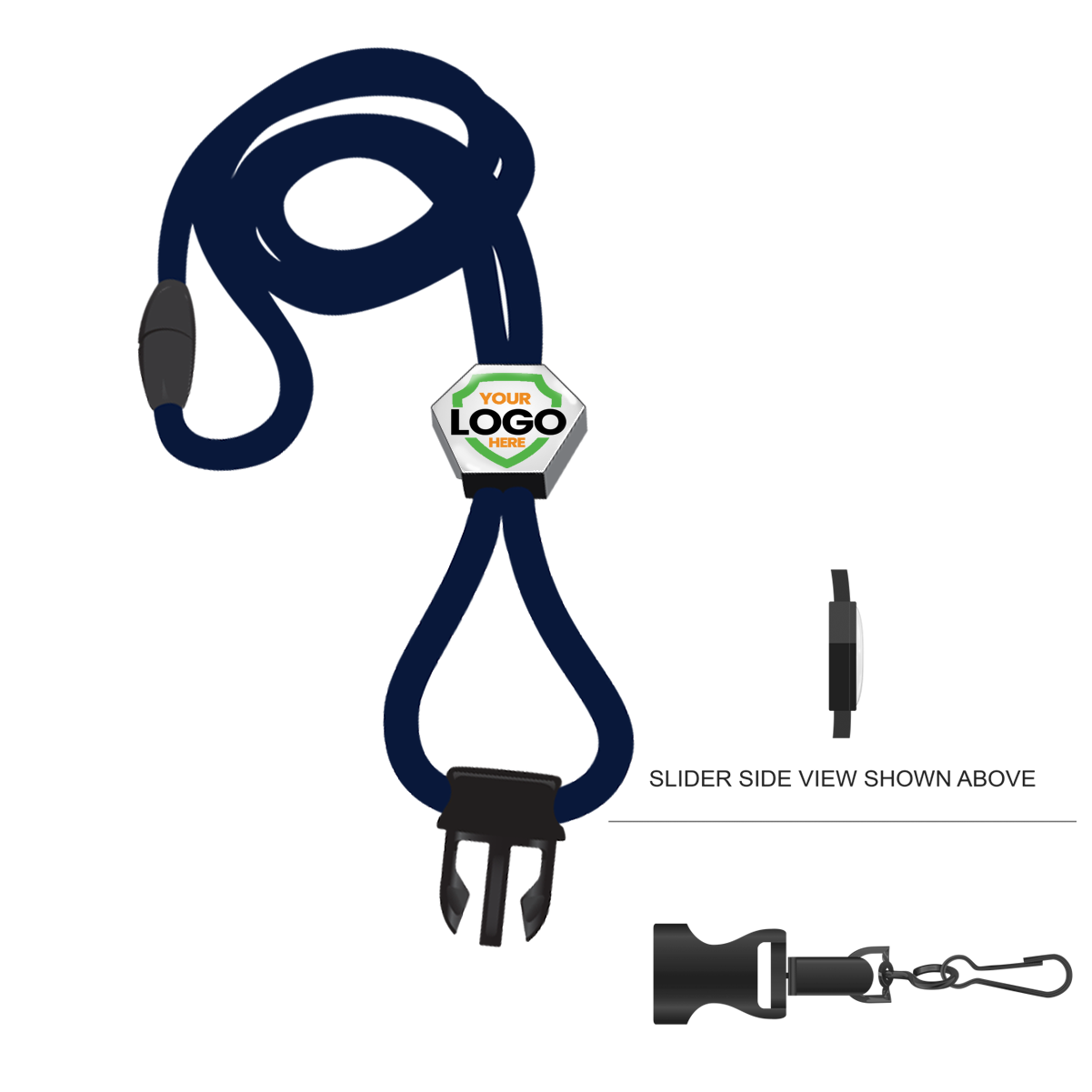 Dark blue Breakaway Lanyard With Custom Slider and Detachable Swivel Hook, displaying space for a custom logo. There is a side view illustration of the lanyard's slider. Ideal for those in need of custom lanyards, it securely holds an ID badge holder.