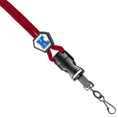 A red Breakaway Lanyard With Custom Slider and Detachable Swivel Hook, featuring a hexagonal badge with a blue "K" on a white background.