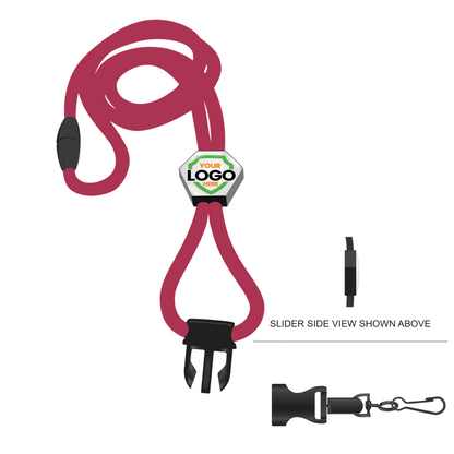 Image of a red Breakaway Lanyard With Custom Slider and Detachable Swivel Hook, with a plastic buckle, detachable clip, and customizable logo area. The ID badge holder side view is shown to the right.