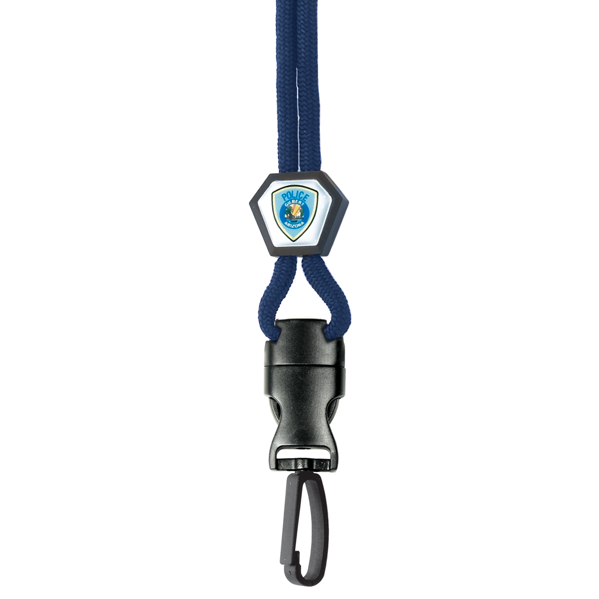 A blue, Metal Detector Friendly Heavy Duty Custom Lanyard with Diamond Slider, Breakaway Clasp & Quick Release Plastic Hook - MRI Safe (2135-45XX) featuring a police emblem and a detachable black breakaway clasp with a clip at the end.