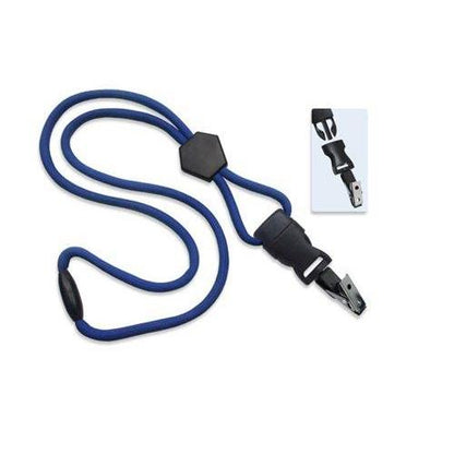 A Heavy Duty Breakaway Round Lanyard With Detachable Bulldog Clip 2135-451X in blue features an adjustable loop and a breakaway clasp. An inset image highlights the black plastic breakaway clasp in a disconnected state for safety purposes.