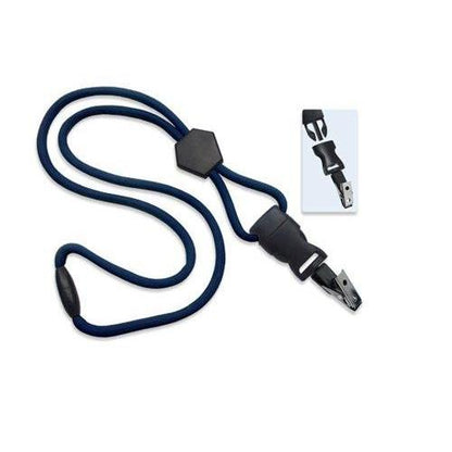 A blue Heavy Duty Breakaway Round Lanyard With Detachable Bulldog Clip 2135-451X with a black plastic clip for attachment. An inset image shows a close-up of the breakaway feature in the clip mechanism.