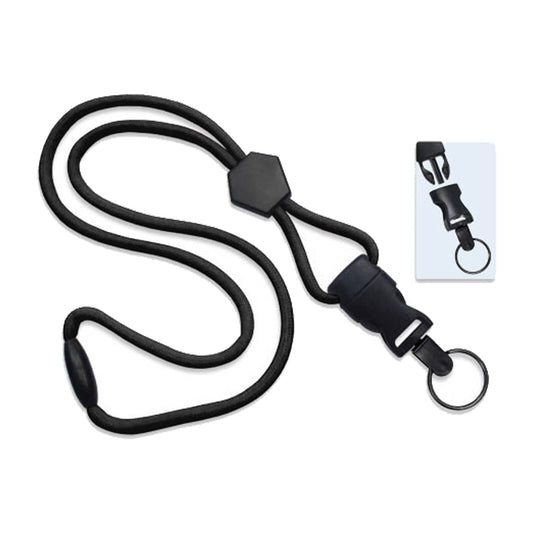 A Heavy Duty Breakaway Round Lanyard With Detachable Key Ring (2135-454X) with an adjustable diamond slider, a detachable buckle, and a keyring attachment. Inset shows a close-up of the buckle mechanism, highlighting its heavy-duty breakaway feature.