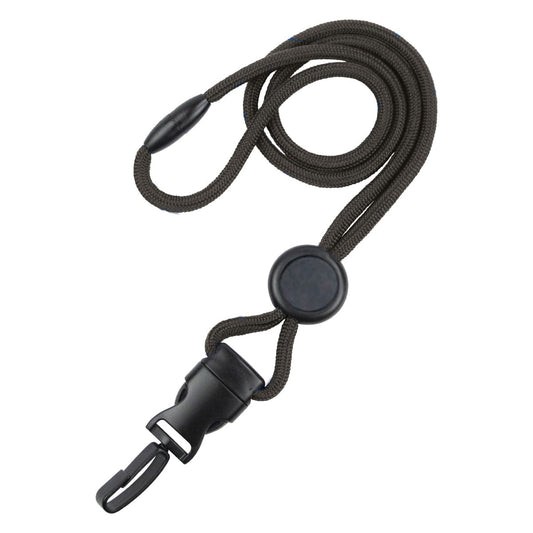 A black, adjustable Breakaway Lanyard With Round Slider And Detachable Plastic Swivel Hook 2135-458X featuring a round slider with a detachable plastic swivel hook. Sold by Specialist ID.