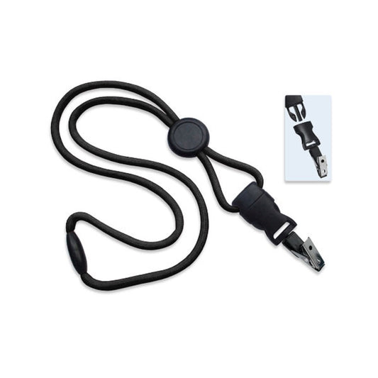 A Breakaway Lanyard With Round Slider And Detachable Bulldog Clip 2135-459X with a safety breakaway clasp and a metal clasp at the end. A close-up of the buckle mechanism is shown in an inset.