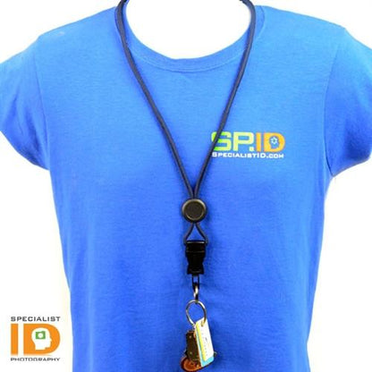Breakaway round lanyard worn with badge holder and keys on detachable split ring, 2135-461X.