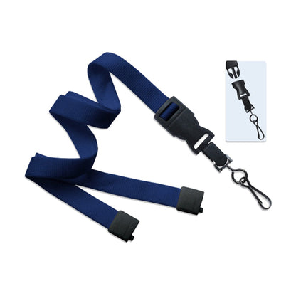 Blue lanyard with a black plastic buckle, a metal clasp at the end, and an inset image showing a close-up of the buckle mechanism. Made from durable polyester lanyards, it features a detachable swivel hook for added convenience - Breakaway Lanyard with Quick Release Detachable Swivel Hook (2135-464X).