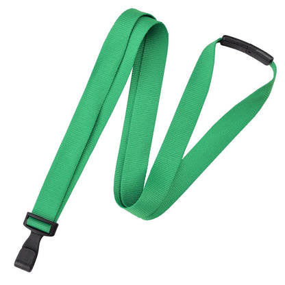 A green lanyard with a black plastic clip at one end, crafted with the Antimicrobial Lanyard with Breakaway Clasp and No Twist Plastic Hook - 5/8" Wide (2136-340X) to inhibit the growth of germs.