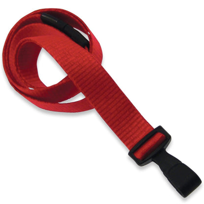 A coiled red lanyard with a black plastic clip and buckle, crafted using the Antimicrobial Lanyard with Breakaway Clasp and No Twist Plastic Hook - 5/8" Wide (2136-340X) to inhibit the growth of germs.