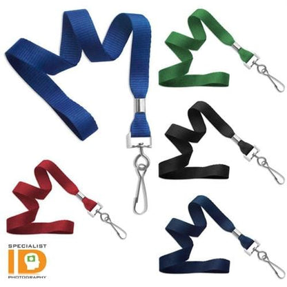 A variety of Microweave Polyester Lanyard With Nickel-Plated Steel Swivel Hook 2136-350X in blue, green, black, red, and black colors, each featuring a nickel-plated steel swivel hook. The logo "Specialist ID" is visible in the bottom left corner.