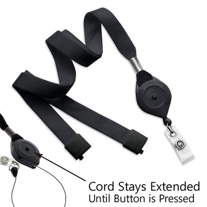 A Locking Retractable Badge Reel Lanyard 2136-3521 with a badge holder, featuring a button mechanism for extending and retracting the cord. Ideal for ID badges used in government agencies. Text reads: "Cord stays extended until button is pressed.