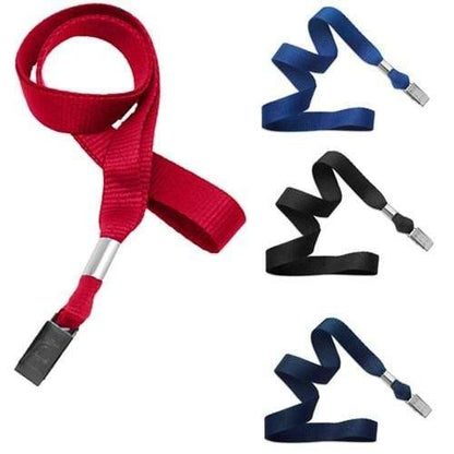 Four sets of Wide Non-Breakaway Lanyard with Bulldog Clip - Microweave Polyester 5/8 Inch Wide (2136-355X) are shown. One red lanyard on the left side, with blue, black, and navy lanyards on the right side. Ideal for Professional Use, these lanyards offer safety and comfort for all users.