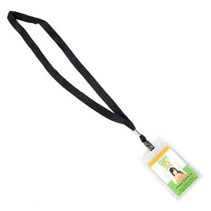 A black Wide Non-Breakaway Lanyard with Bulldog Clip - Microweave Polyester 5/8 Inch Wide (2136-355X) with an attached ID badge, ideal for professional use. The badge features a photo, text, and graphical elements, securely held by a durable bulldog clip.