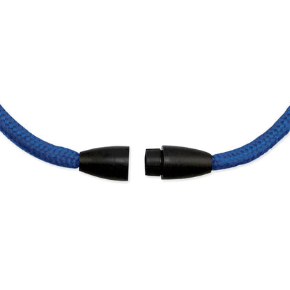 A blue braided cord with a black magnetic clasp, shown disconnected, doubles as a Round Breakaway Lanyard with Swivel Hook (2137-200X) for added convenience. Sold by Specialist ID.