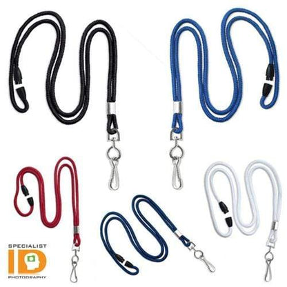 A collection of multi-colored Round Breakaway Lanyards with Swivel Hook (2137-200X). Colors include black, blue, red, and white. These breakaway lanyards are displayed on a white background and come with ID card holders for added convenience.