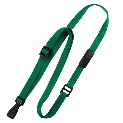 A green Adjustable Breakaway Lanyards Great For All Sizes (2137-203X) with black plastic buckles and clasps, featuring a wide plastic hook, laid out on a white background. Sold by Specialist ID.