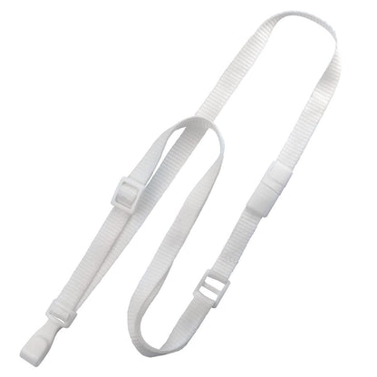 A white Adjustable Breakaway Lanyards Great For All Sizes (2137-203X) with plastic clasps and a clip on one end lays flat on a white background. Sold by Specialist ID.