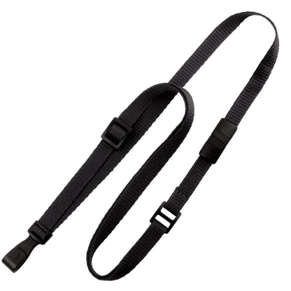 A black, adjustable breakaway lanyard with buckles, clips, and a wide plastic hook. No minimum order required.
Product Name: Adjustable Breakaway Lanyards Great For All Sizes (2137-203X)