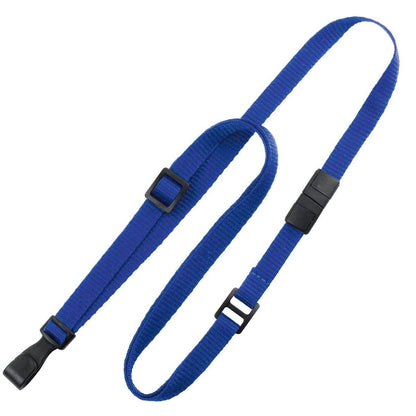 A blue Adjustable Breakaway Lanyards Great For All Sizes (2137-203X) with black plastic buckles, wide plastic hook, and attachments.