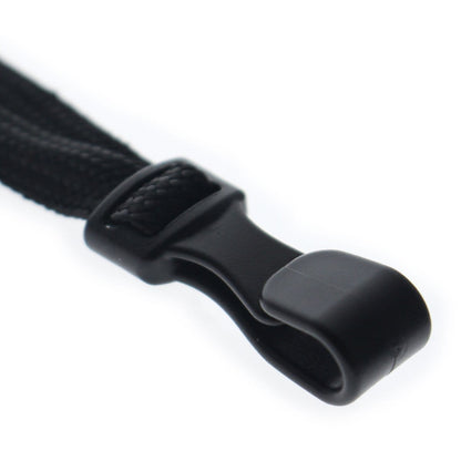 Close-up of a black plastic clip attached to a braided strap, showcasing its texture and securing mechanism, perfect for Adjustable Breakaway Lanyards Great For All Sizes (2137-203X).