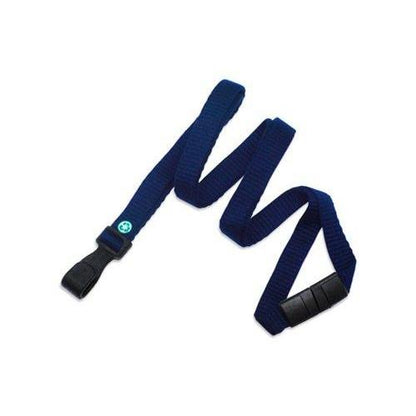 A blue Earth Friendly Bamboo Lanyard - Extra Soft - with Breakaway and Wide Plastic Hook 2137-204X with a black plastic buckle and adjustment clips, coiled in an 'S' shape on a white background, offering an environmentally friendly travel accessory.