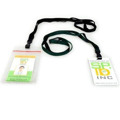 Two ID badges attached to Earth Friendly Bamboo Lanyard - Extra Soft - with Breakaway and Wide Plastic Hook 2137-204X. The left badge has a visible photo and text, while the right badge displays the "Specialist ID Inc" logo. These lanyards are not only environmentally friendly but also feature a safety breakaway for added security.