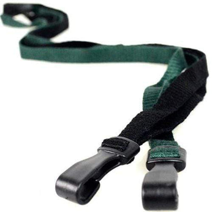 A green and black adjustable strap, made from environmentally friendly materials, features black plastic clips on both ends and is laid out on a white background, is replaced with the Earth Friendly Bamboo Lanyard - Extra Soft - with Breakaway and Wide Plastic Hook 2137-204X.
