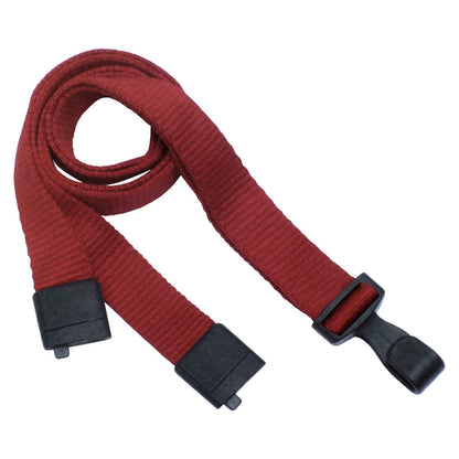 A coiled, red woven strap with black plastic buckle attachments on both ends, this Earth Friendly Breakaway Bamboo Wide Flat Lanyard (2137-205X) includes a secure breakaway feature for added safety.