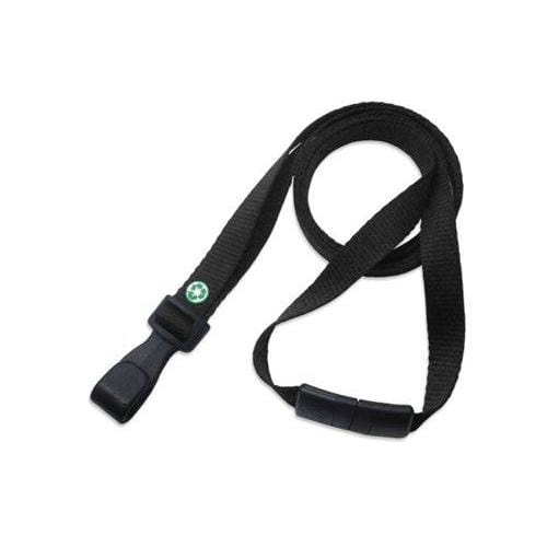 A Recycled PET Earth Friendly 3/8" Lanyard with a buckle and reinforced ends, featuring a small green circular logo made from recycled PET materials. Sold by Specialist ID.